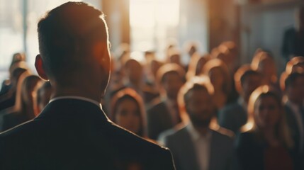 backview of a businessman talking infront of people group class - obrazy, fototapety, plakaty