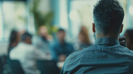 backview of a businessman talking infront of people group class
