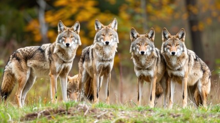 wild coyotes or wolfs standing in group in wild nature