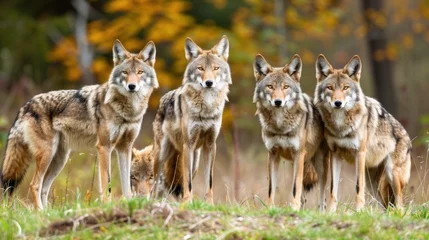 Wandcirkels aluminium wild coyotes or wolfs standing in group in wild nature © David Kreuzberg