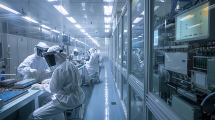 Team of professionals in protective cleanroom suits conducting research in a modern high-tech laboratory.