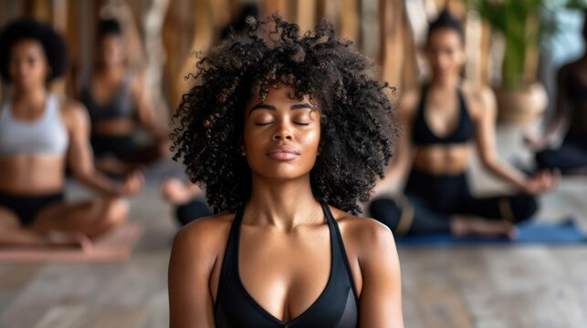 beautiful black woman with curly hair and sports bra meditating in yoga group
