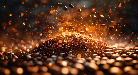 Fresh roasted coffee beans with smoke and flying particles over a dark background.