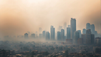 Smog city with dust Cityscape of buildings