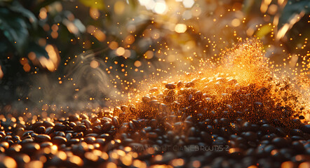 Fresh coffee beans with magical golden dust and sunlight in a plantation.