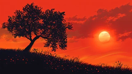 Zelfklevend Fotobehang Silhouette tree overlooking evening sunset. © Layana