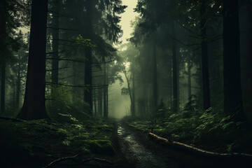 Obraz premium A path in the middle of a dense foggy forest. Generated by artificial intelligence