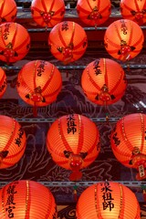Riufang, Taiwan, 13 february 2024. Rows of chinese red lanterns inside the city temple. Religion symbol.