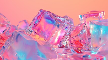 Ice cubes are very close up in neon light. Holographic gradient from magenta to cyan