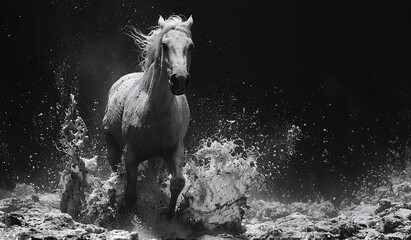 Obraz na płótnie Canvas Majestic horse galloping in water, black and white image, capturing motion and strength.