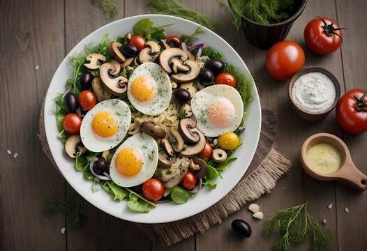 spring salad with lettuce, mushrooms, egg, cheese, herbs and other vegetables in a bowl.