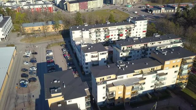 Aerial view of Swedish apartment buildings in Linkoping residential area. Family condos housing development in Sweden city