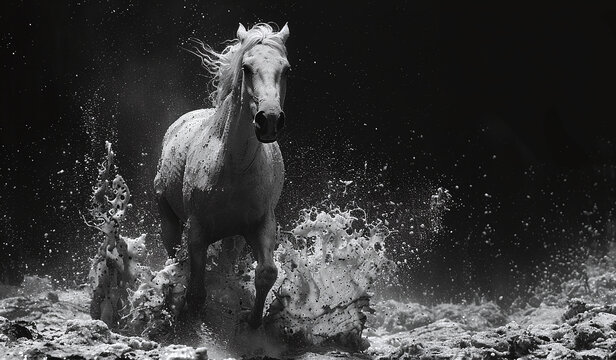 Majestic horse galloping in water, black and white image, capturing motion and strength.