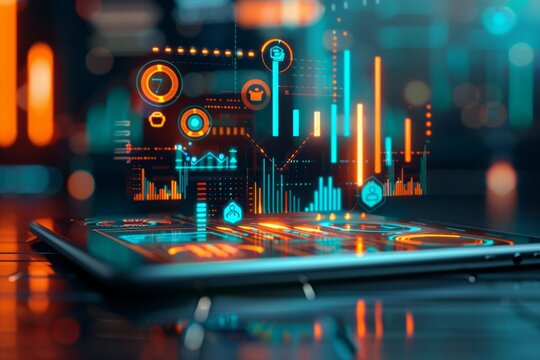 A tablet displaying futuristic augmented reality data analytics with holographic financial charts.