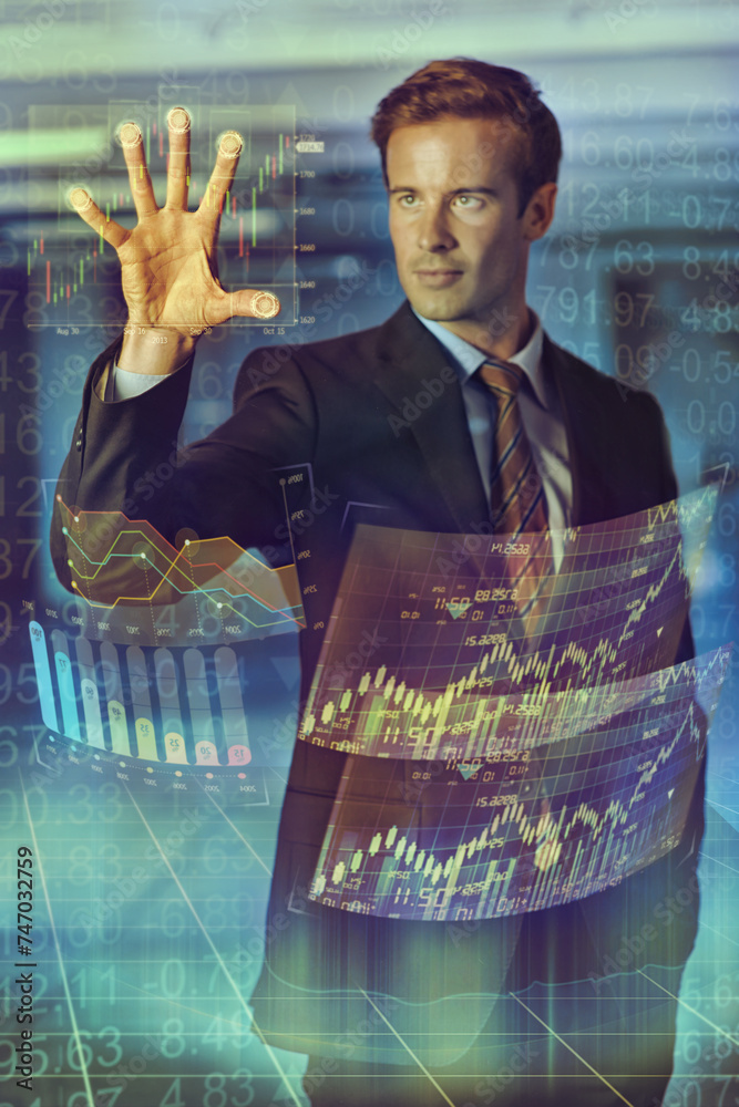 Poster Businessman, trading and hologram with future display of digital interface or corporate growth. Person, stock market and data graphs for presentation with user experience or information technology.
