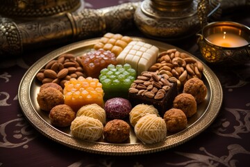 
A close-up of traditional Eid sweets arranged elegantly on a decorative tray, showcasing the rich culinary heritage of the holiday