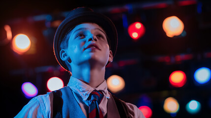 Boy in hat with theatrical stage lights. - obrazy, fototapety, plakaty