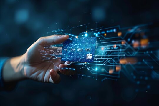Hand holding a credit card with digital connectivity graphics