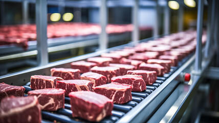 Meat processing in food industry. Raw meat cuts on a industrial conveyor belt.

