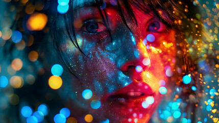 Woman with sparkling makeup and colorful lights.