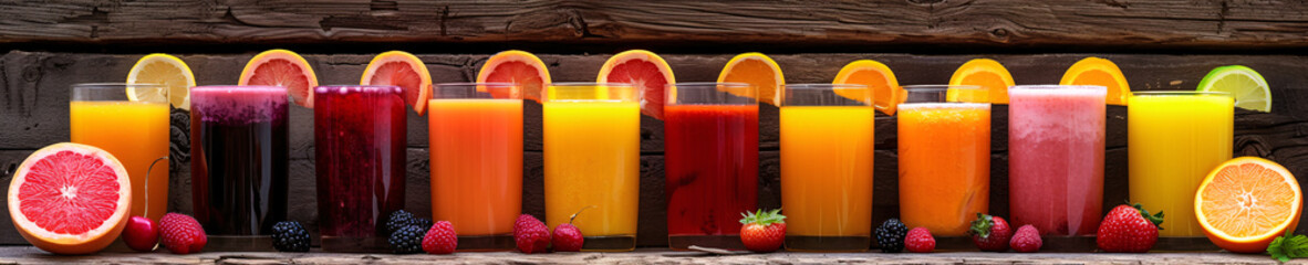 A row of glasses filled with colorful juices rests on a wooden table. Slices of orange, lemon, and...