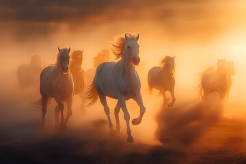 A pack of wild horses gallops through a dust cloud in the desert at sunset, conveying wild beauty and untamed spirit.