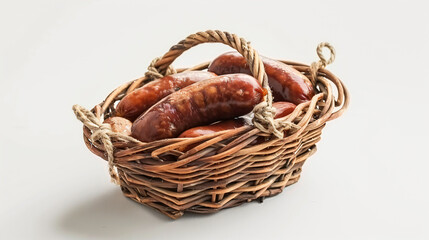 Smoked sausage on a string in basket.