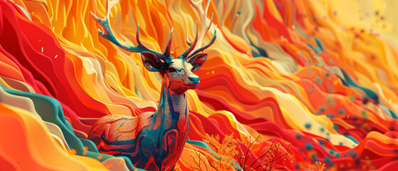 Surreal Stag in a Whirlwind of Fiery Colors