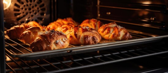 A variety of food items, such as bread, pastries, and cookies, are baking on a hot baking sheet inside an open oven.