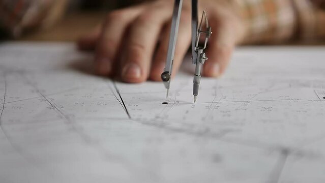 A man works with a compass and drawings while sitting at a table. Macro.
