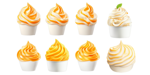 Collection of orange cream in white bowl isolated on a white background as transparent PNG