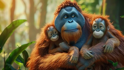 Fototapeta premium Mother orangutan with her cute babies in the grass