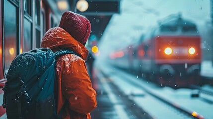 person in orange, winter jacket with a hood waiting for train   on a platform  - obrazy, fototapety, plakaty