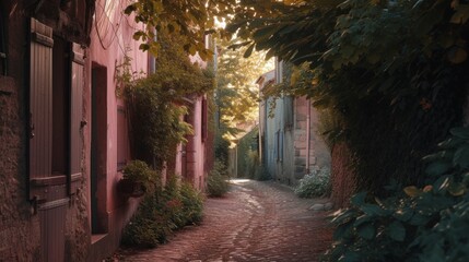 Fototapeta premium Flowery street of old town on a summer day in a small village