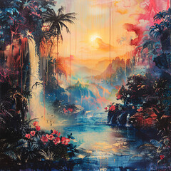 Tropical Paradise at Sunset Painting
