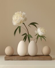 A beautifully composed still life featuring a single blooming peony with three different textured eggs on a wooden stand