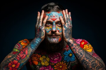 
A portrait of someone with a fake tattoo sleeve or temporary face tattoos, showcasing their playful side for April Fools' Day - obrazy, fototapety, plakaty