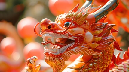 Closeup of a gold dragon statue with red and green details and white sharp teeth at a temple with gold details
