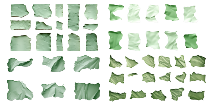 Collection of green ripped torn paper isolated on a white background as transparent PNG