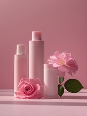 Obraz na płótnie Canvas The image showcases skincare bottles with blooming pink roses on a soft pastel background