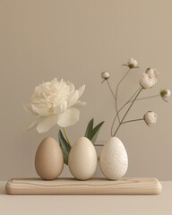 A tastefully arranged still life showcasing a blossom peony and speckled eggs on a textured surface, exuding elegance