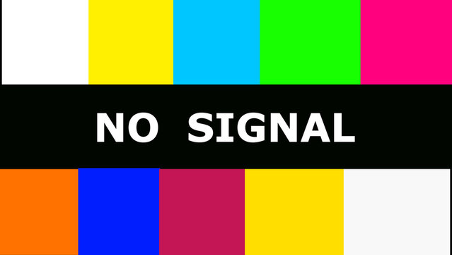 Colorful TV test pattern with NO signal text on a tv background.