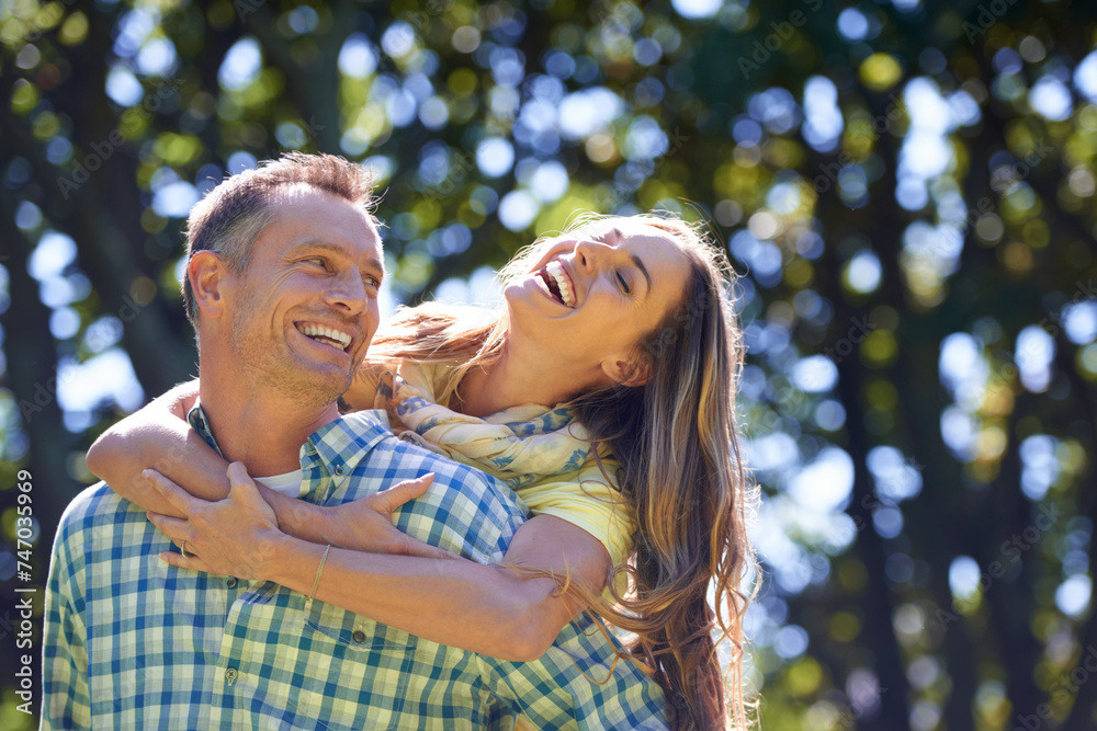 Sticker Piggy back, laugh and couple in park for summer romance, trees and fun outdoor date with smile. Love, mature man and happy woman in garden with morning sunshine, hug and marriage bonding in nature.