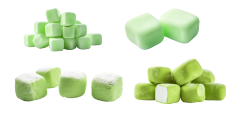 Collection of green marshmallow isolated on a white background as transparent PNG