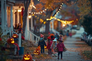 Obraz na płótnie Canvas A group of children, dressed in colorful and creative costumes, trick-or-treating in a vibrant neighborhood at dusk. Jack-o-lanterns illuminate the porches, and spooky decorations line the streets.