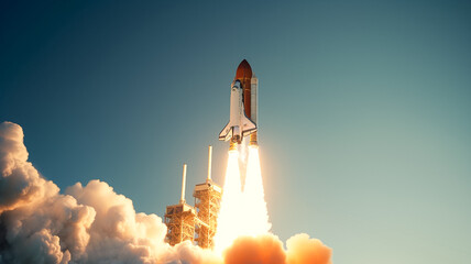 The Space Shuttle Lifts off from its launchpad. Spaceship takes off into the daytime sky on a mission.
 - Powered by Adobe