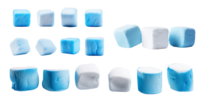 Collection of blue marshmallow isolated on a white background as transparent PNG