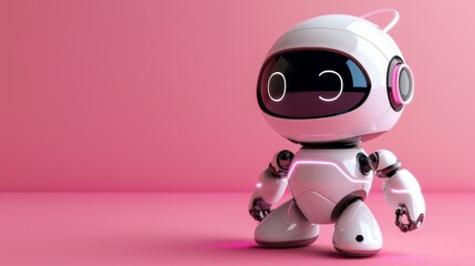 A modern depiction of a friendly-looking glossy white robot standing isolated on a vivid pink background