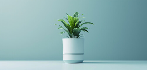 Self-watering plant pot mockup with a high-tech design, perfect for corporate branding and innovation-themed messages