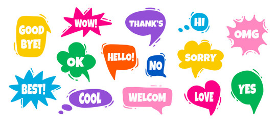 Colorful set of speech bubbles. Various forms of windows, clouds for chat, messages with phrases. Vector elements for text on white background